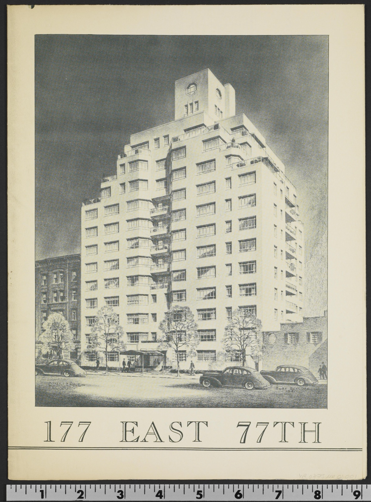 Pencil rendering of an eleven-story white apartment house with stepped-back terraces and a rooftop water tower, seen from East 77th Street with 1940s cars parked at the curb. Below the drawing, engraved capitals read 177 EAST 77TH.