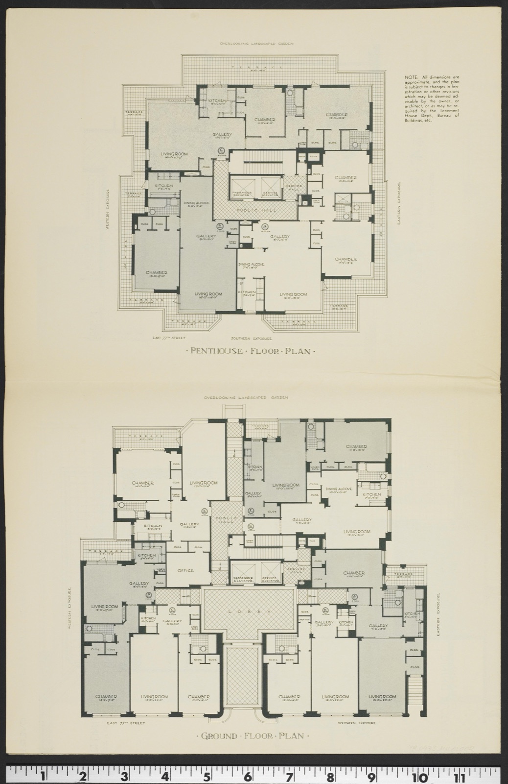 Sheet with two architectural floor plans stacked vertically. The upper plan, labelled Penthouse Floor Plan, is heavily indented with terraces on all sides. The lower, labelled Ground Floor Plan, shows a lobby and office at the centre of the East 77th Street front.