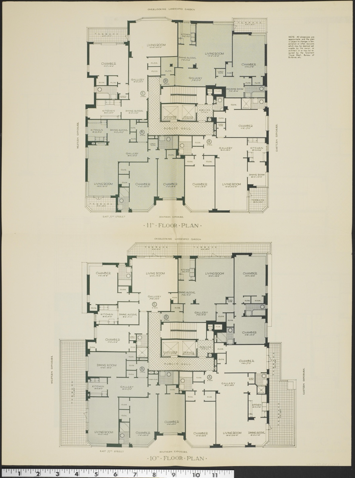 Sheet with two architectural floor plans stacked vertically, labelled 11th Floor Plan and 10th Floor Plan. Both are stepped in from the floors below, with tiled terraces drawn as cross-hatched rectangles along the edges.