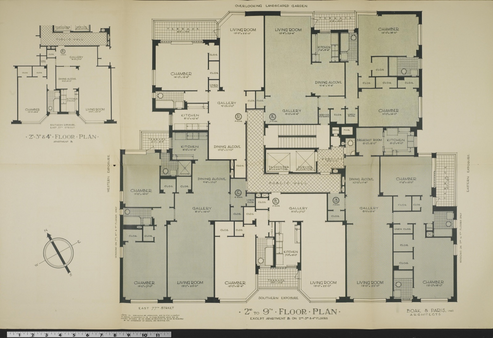 Large architectural floor plan of a typical apartment floor, printed in dark green ink with several apartments shaded pale sage. Five lettered suites surround a central public hall with passenger and service elevators. A compass rose sits at lower left, and an inset at upper left shows an alternative Apartment B.