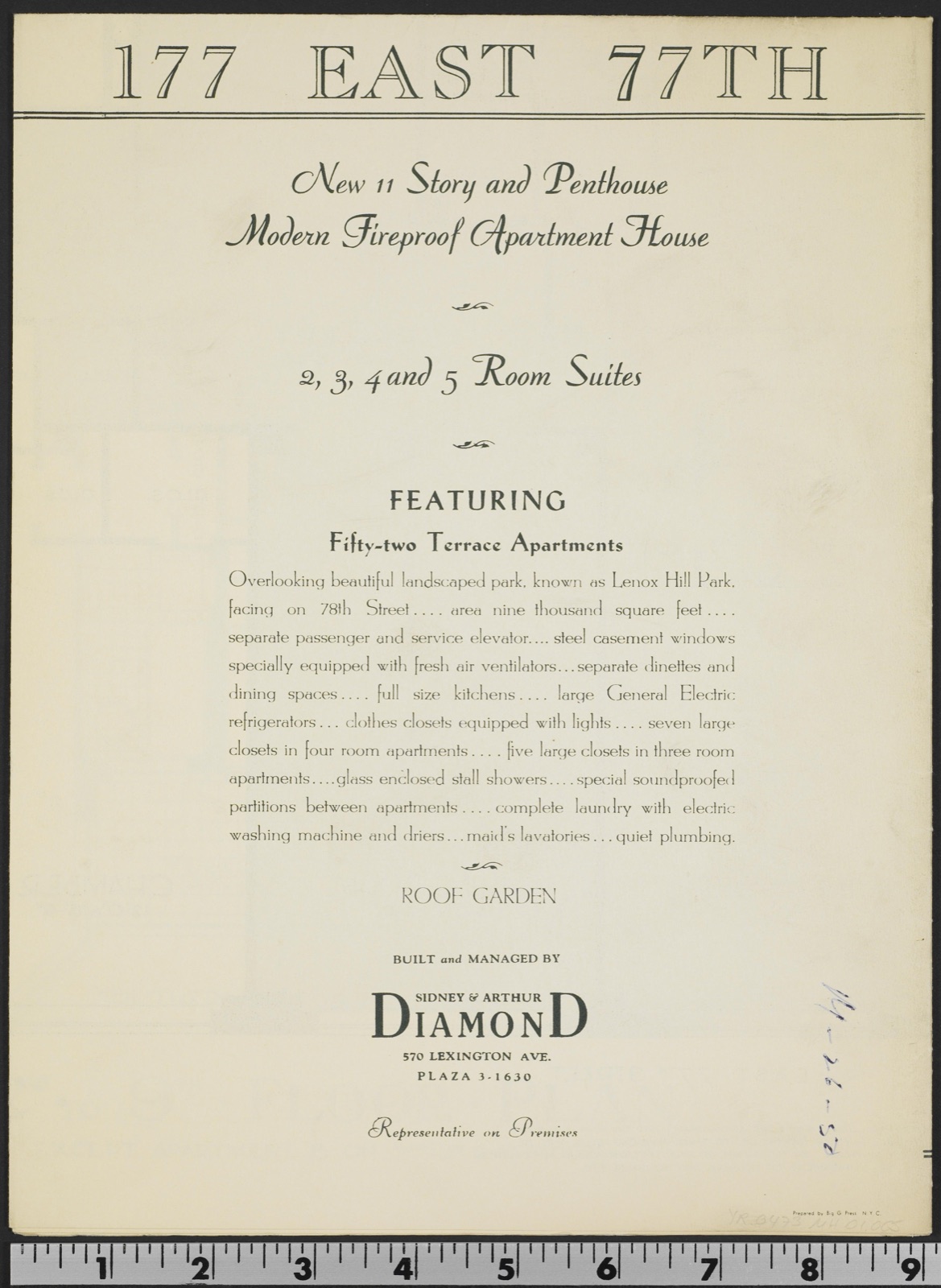 Brochure page headed 177 EAST 77TH in engraved capitals, with hand-lettered script reading New 11 Story and Penthouse Modern Fireproof Apartment House, 2, 3, 4 and 5 Room Suites, and a long paragraph of amenities beneath the word FEATURING.