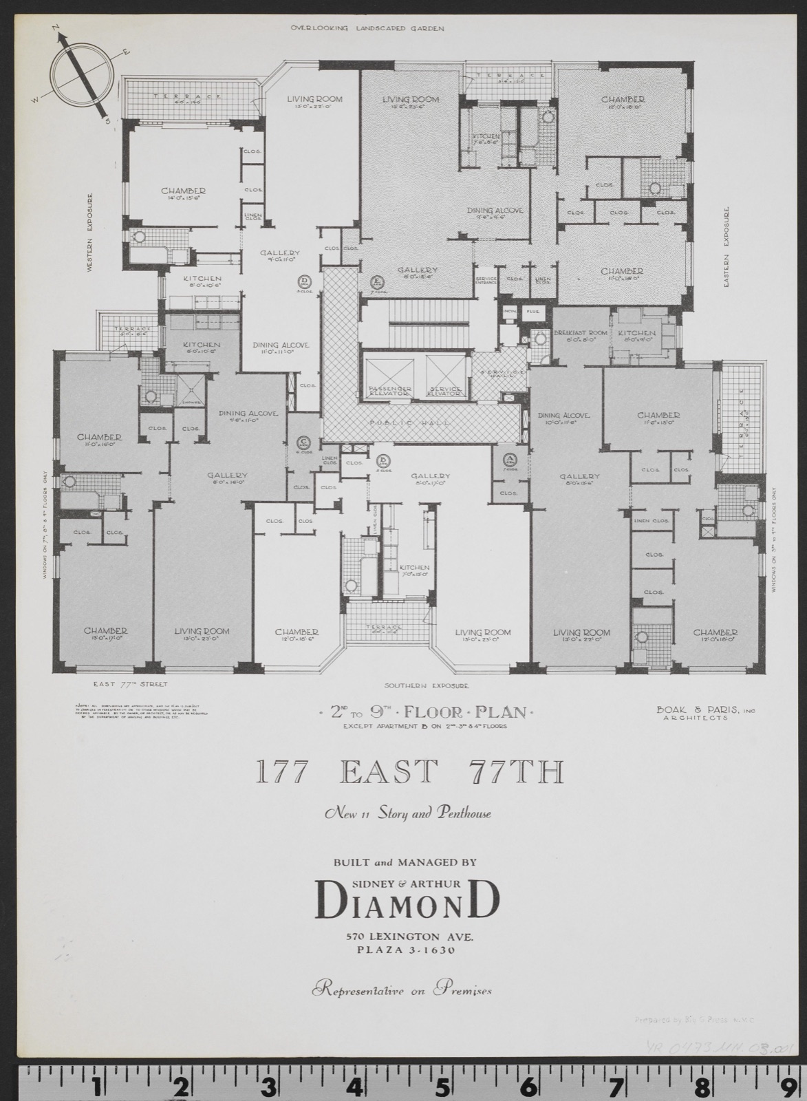 Single-page version of the typical floor plan, printed above engraved capitals reading 177 EAST 77TH and, beneath, Built and Managed by Sidney and Arthur Diamond, 570 Lexington Ave., Plaza 3-1630, Representative on Premises.