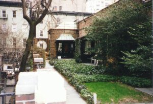 Colour snapshot of a paved path running between a bench and a brick wall smothered in ivy, with an awning and a tall apartment building visible above.